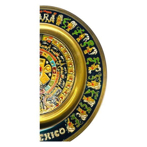 Vintage Guadalajara Mexico Decorative Brass Aztec Calendar Plate 11" - Picture 4 of 12